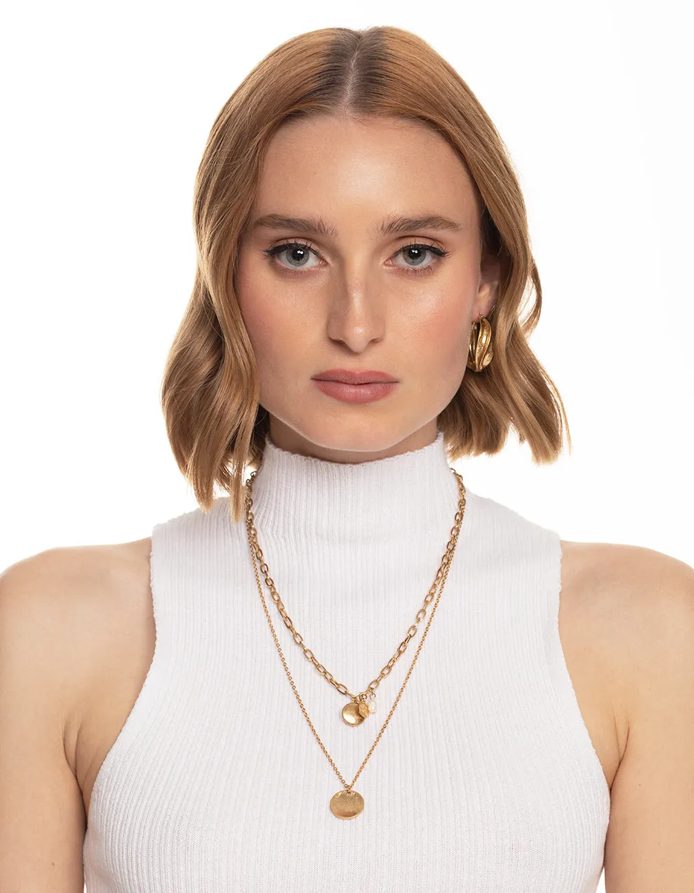 Worn Gold Disc Freshwater Pearl 2 Layer Necklace